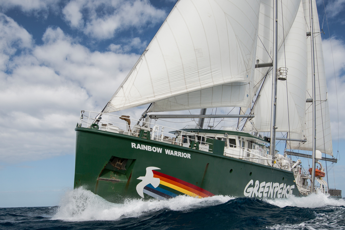 The Rainbow Warrior under sail off the coast of Queensland near Mackay and Hat Point Coal Terminal. The ship was on the Great Barrier Reef as UNESCO passed a decision to keep the Reef on a watching brief due to the impacts of industrialisation, agricultural run off and climate change. The tour also coincided with the 30th anniversary of the bombing of the Rainbow Warrior by the French government on the 10th of July 1985. 