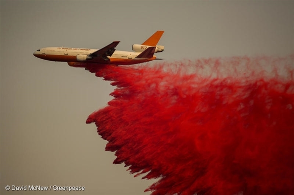 캘리포니아 주 레이크 엘시노어에서 “‘홀리 파이어’를 진압하기 위해 소방항공기가 방화제를 뿌리고 있다. 