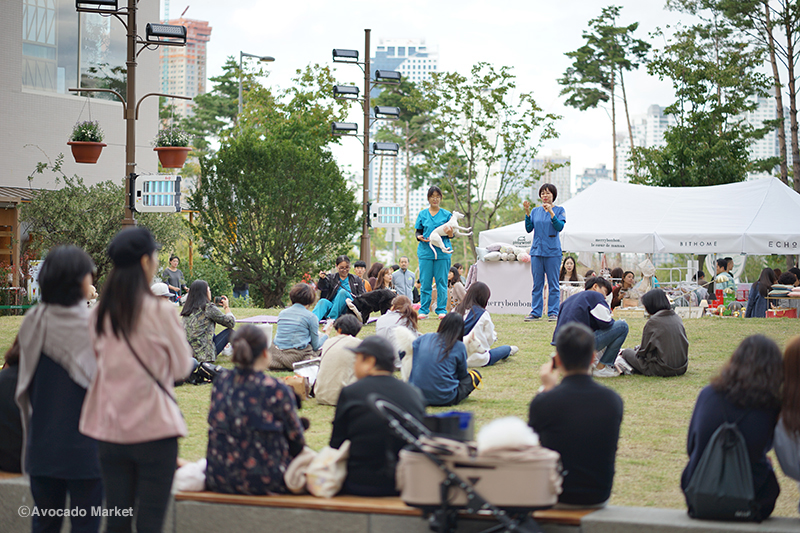 반려견을 데리고 전문 수의사의 강의를 듣고 있는 참가자들