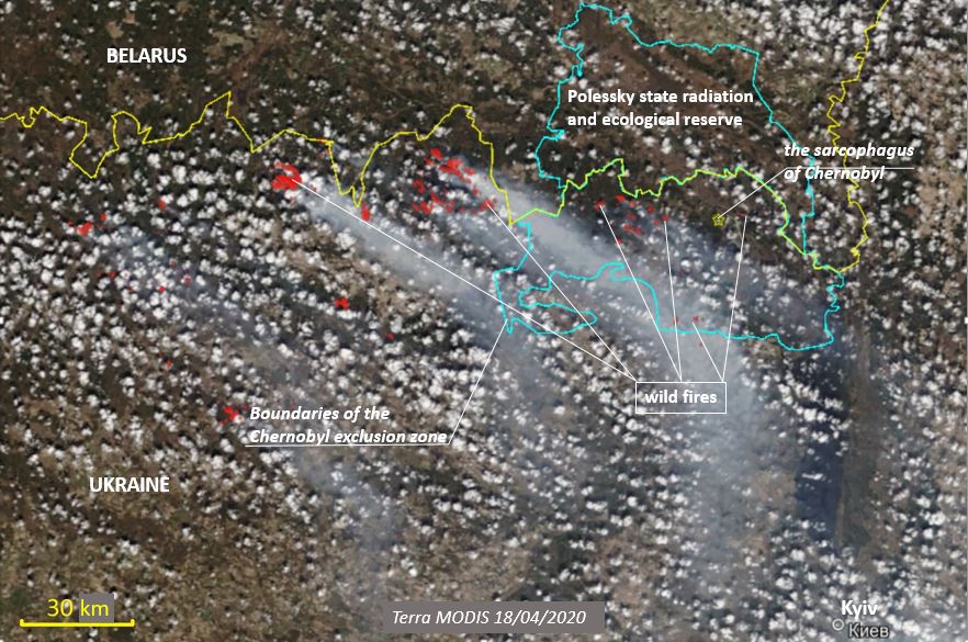 체르노빌 출입금지 구역 내 산불 위성사진, 2020년 4월 18일 촬영 © Greenpeace Global Mapping Hub 출처: NASA Worldview, OpenStreetMap