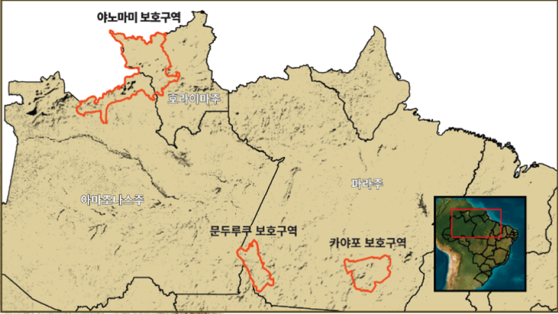 이번 연구에서 조사한 세 곳의 원주민 보호구역 지도 : 카야포, 야노마미, 문두루쿠 원주민 보호구역 © Greenpeace