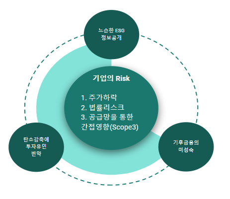 기업의 리스크: 느슨한 ESG 공시 규정, 탄소감축 투자유인 약화, 기후금융 미성숙은 서로 연결되어 기업의 리스크를 키웁니다. 주가하락은 일차적이고 공시관련 법률리스크가 커집니다. 스코프 3로 인해 공급망에 속한 기업들 전체에 리스크가 확산됩니다.