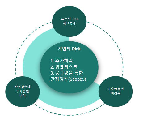 기업의 리스크: 느슨한 ESG 공시 규정, 탄소감축 투자유인 약화, 기후금융 미성숙은 서로 연결되어 기업의 리스크를 키웁니다. 주가하락은 일차적이고 공시관련 법률리스크가 커집니다. 스코프 3로 인해 공급망에 속한 기업들 전체에 리스크가 확산됩니다. 