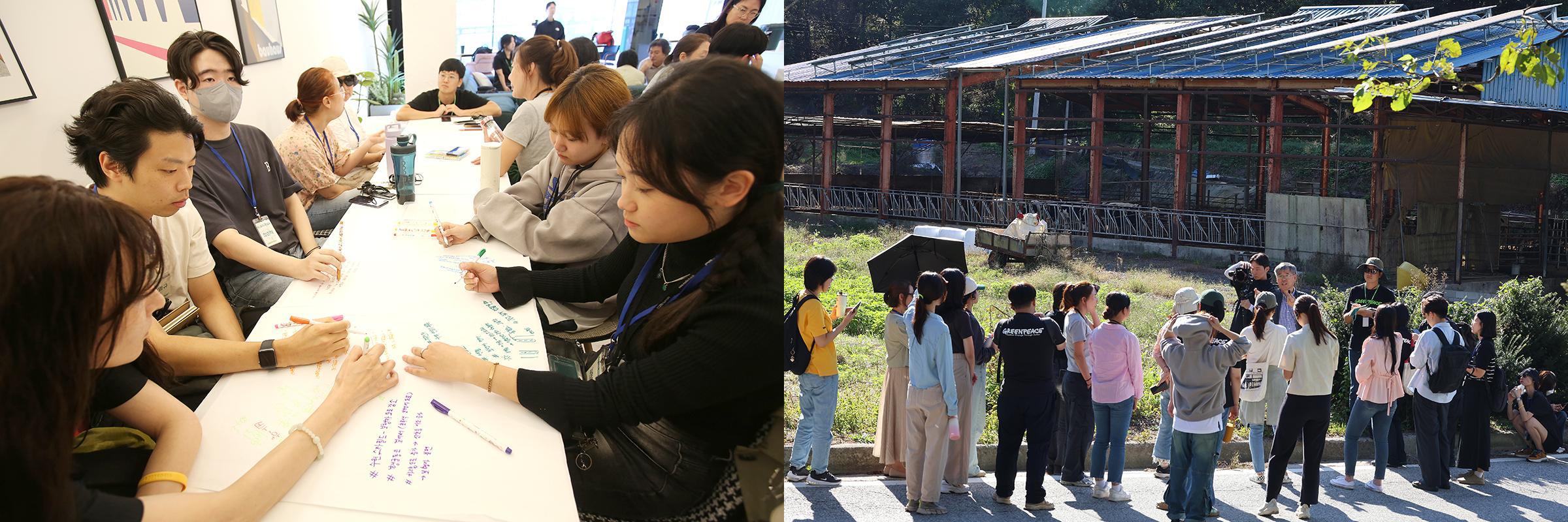 (왼쪽)수원 행궁동 차 없는 거리를 둘러본 후 시민들이 친환경 교통에 관한 의견을 나누고 있다. (오른쪽) 여주 상거동에서 시민들이 태양광 패널을 견학하고 있다.