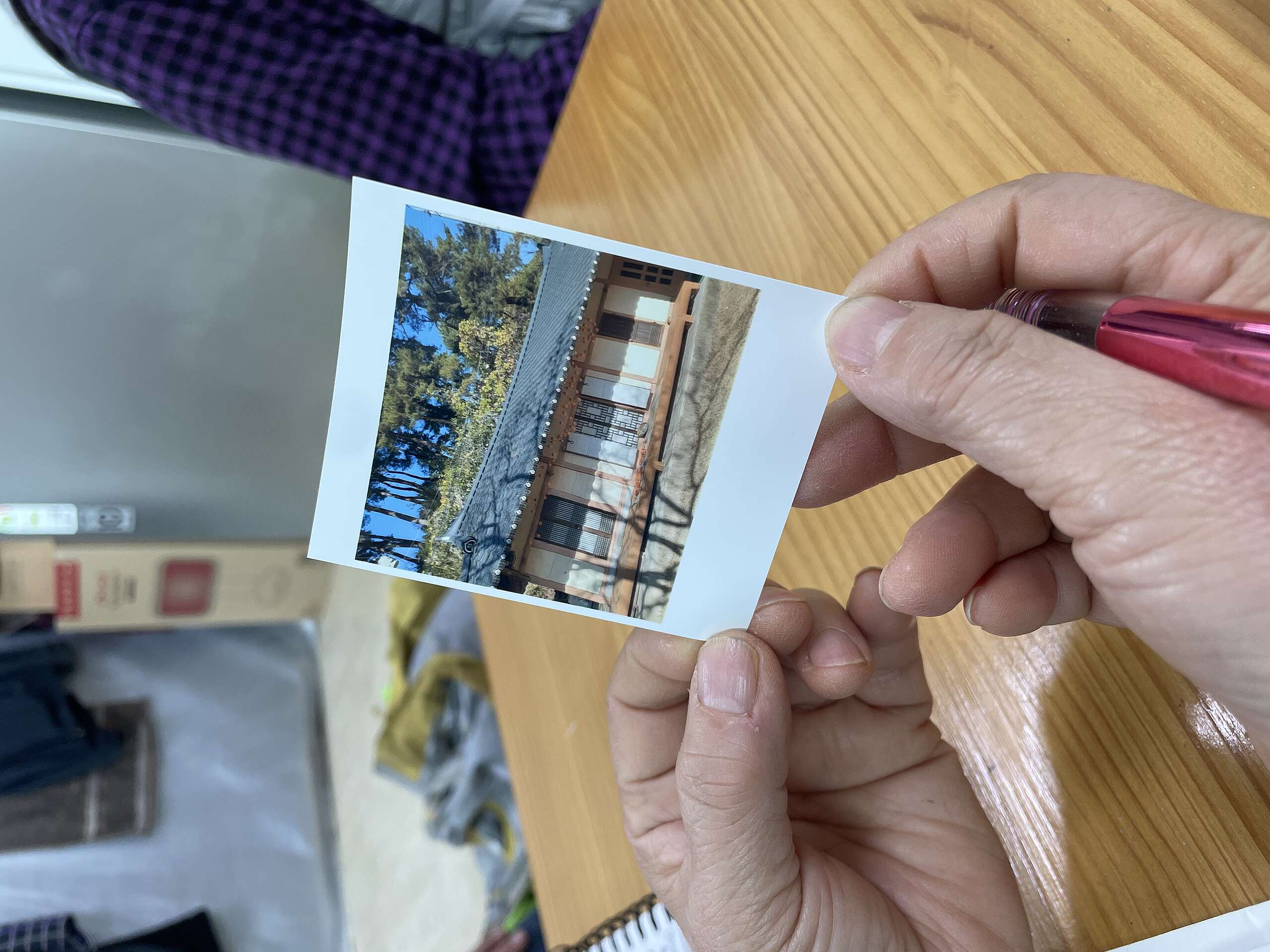24년 11월, 강릉 산불 발생 전 거주하던 집을 그리워하며 바라보는 이재민. 기후재난 시민대응단이 포토프린터를 활용해 기억하고 싶은 휴대폰 사진을 출력해 주며 대화를 이어나갔다. 사진: 박민주 그린피스 기후재난 시민대응단