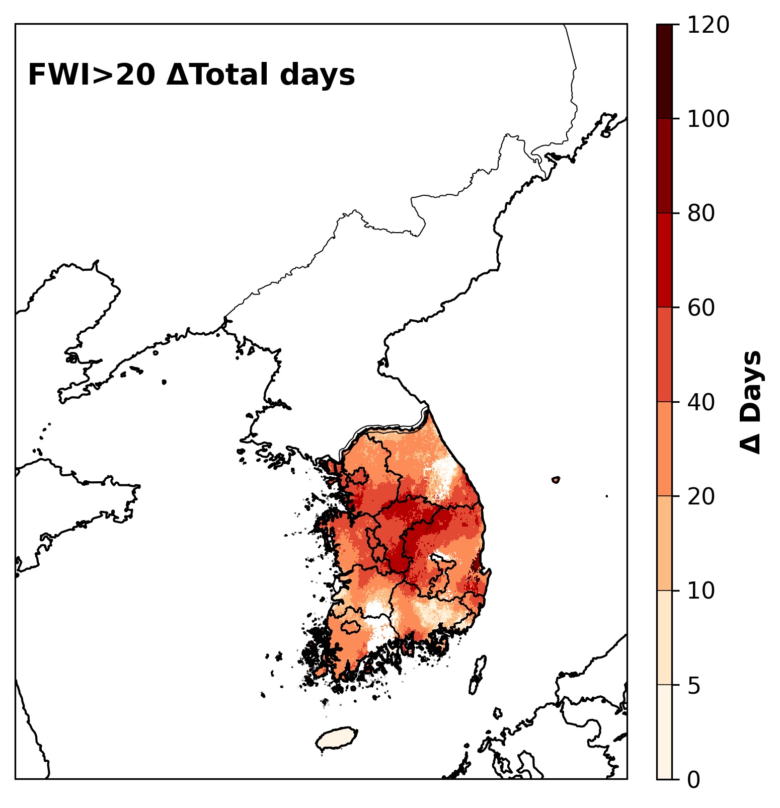 [사진1] 산업화 이전과 현재 지구 비교에서 산불 위험일(산불지수가 20이상)이 증가한 지역과 늘어간 기간 표시.
