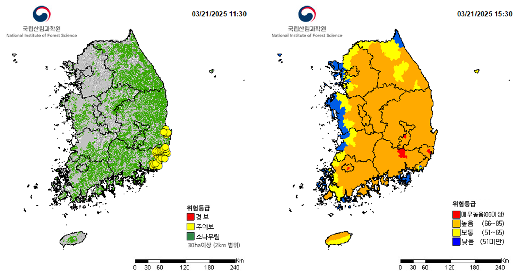 25년 3월 21일, 한국 산불 위험지수로 전국적으로 높은 가운데, 경상도 지역은 매우 높음이 일부 표시 됐다. (출처: 산림청) 
