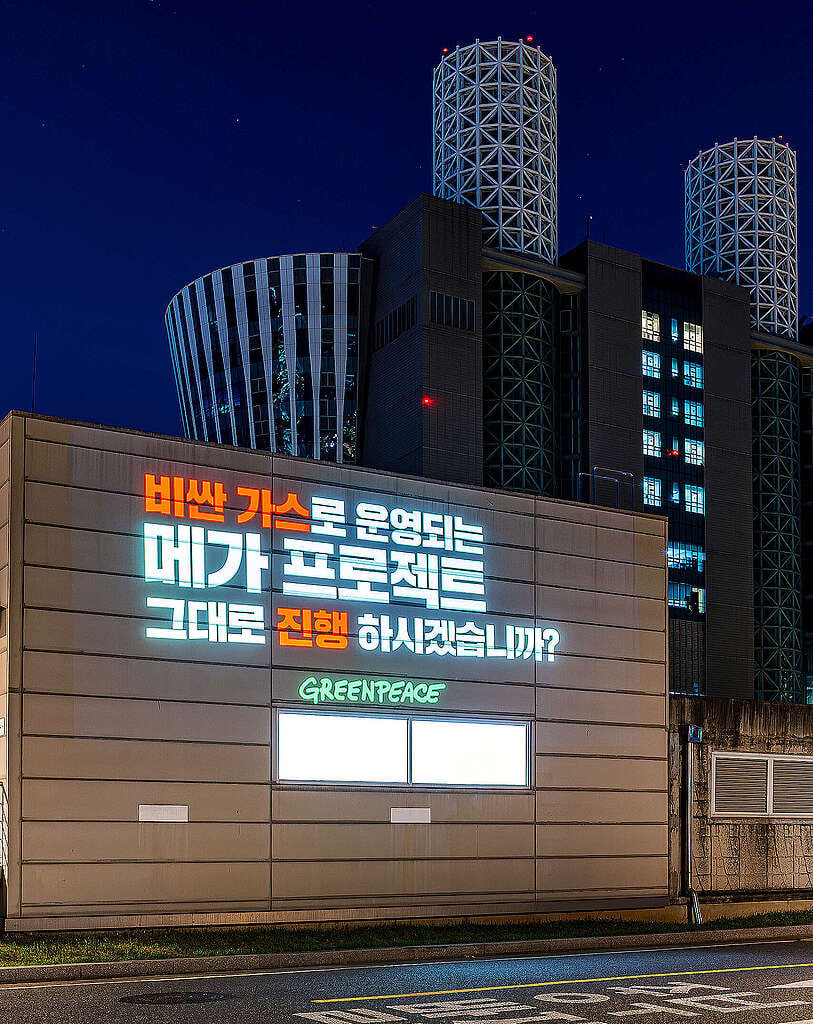그린피스가 당인리 발전소 건물 외벽에 고비용 액화천연가스(LNG) 발전 기반의 메가프로젝트 추진을 재검토할 것을 촉구하는 메시지를 투사하고 있다.