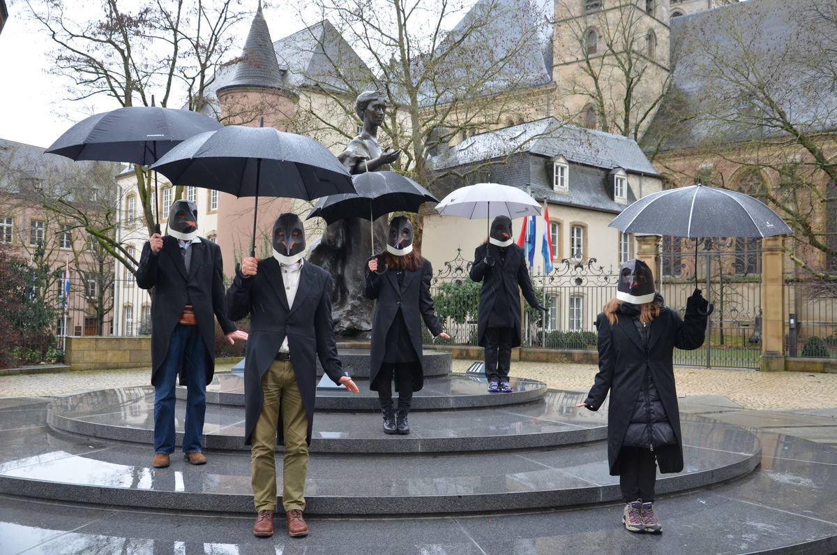 Des manchots photographiés au Luxembourg demandant la création sanctuaire pour l'océan Antarctique lors du "Penguin Awareness Day" 2018.