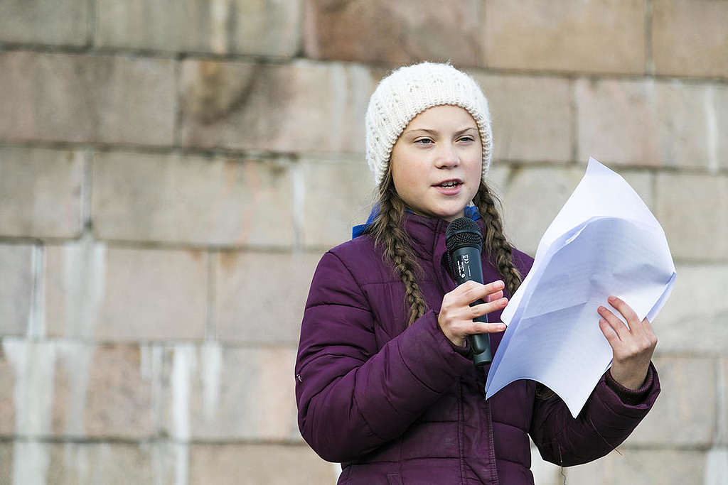 NowWeHaveTo - Climate March in Helsinki. Greta Thunberg aus Schweden hält eine Rede vor 10,000 Menschen.