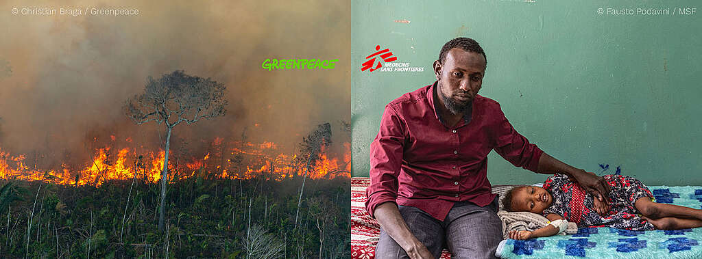 Deux photographies mises en parallèle. Sur celle de gauche, on voit un incendie de forêt. Le feu forme une ligne horizontale. Sur la seconde photo, on voit un père à l'air abattu, la main sur le bras d'une fillette (sa fille ?) allongée. sur un lit. Elle a un bandage sur le bras.