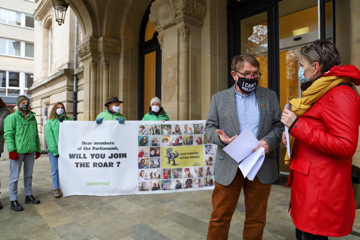 A Dinosaur Mosaic to "ROAR" against Luxembourg's Pension Fund Investments in Fossil Fuels. © Lise Bockler / Greenpeace