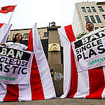 Greenpeace activists, dressed in giant mock plastic bags, hold up signs demanding an end to single use plastics in Southeast Asia in front of the Embassy of Vietnam in Manila. In a 2015 study, five member-states of the Association of Southeast Asian Nations (ASEAN), namely, the Philippines, Indonesia, Vietnam and Malaysia are stated as the biggest sources of plastics pollution in the world's oceans. Manila is set to host the upcoming ASEAN Summit. Greenpeace is hoping that ASEAN leaders will work together in crafting regional policy to ban single use plastics.