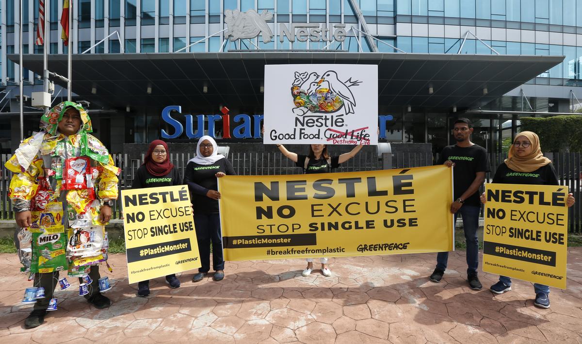 Plastic Monster Action at Nestle Headquarter in Malaysia. © Nandakumar S. Haridas / Greenpeace