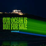 Greenpeace Greece activists project a message reading: 'Our Ocean Is Not For Sale' ,close to the Temple of Poseidon near Athens. 

Greenpeace Greece activists project a series of ocean protection messages onto the Acropolis Hill and other sites around Athens. To call for the protection of the oceans from corporate greed, ensuring justice for coastal communities, stopping deep sea mining and ratifying the UN High Seas Treaty.  This was projected to remind decision-makers of their duties to safeguard ocean life ahead of the Our Ocean Conference taking place in the city.