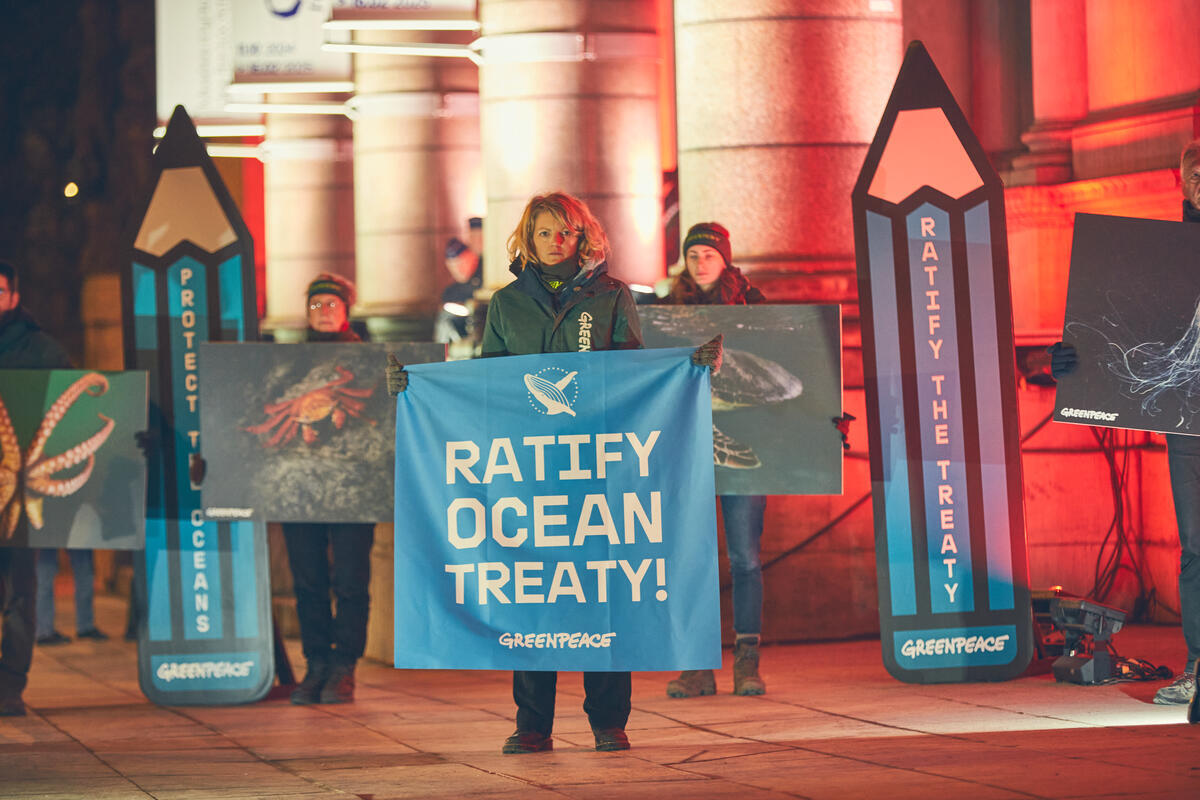 Action to Urge Polish EU Presidency to Lead Rapid Ratification of Global Ocean Treaty in Brussels. © Greenpeace