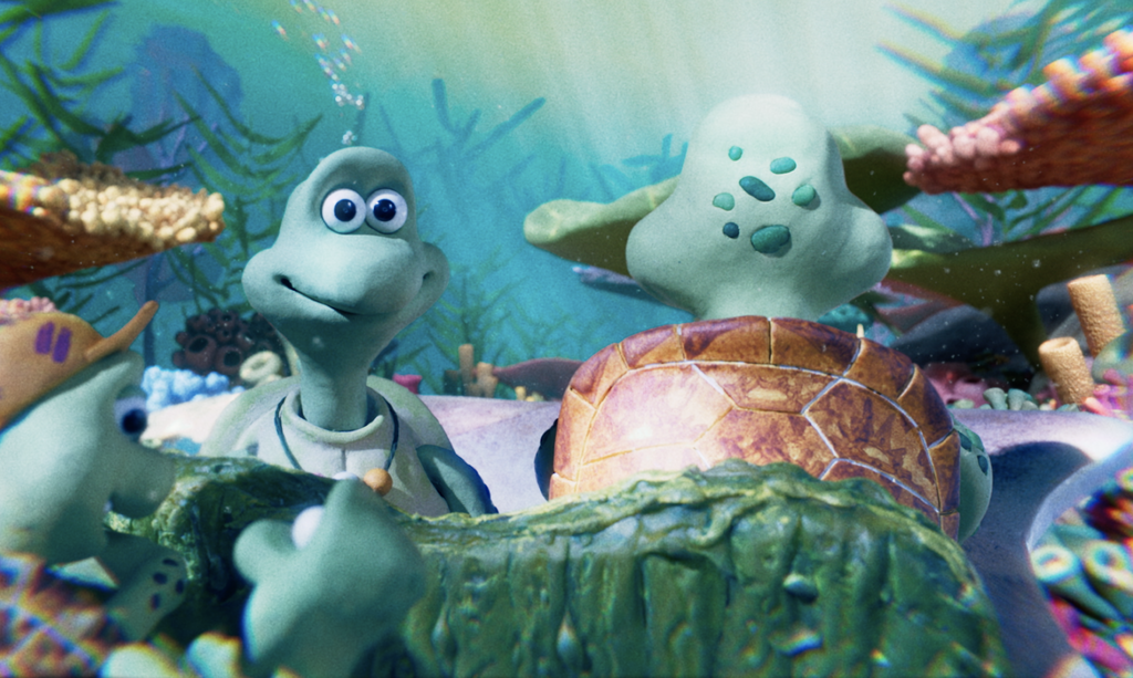 Toma de documental animado, se observan tortugas.