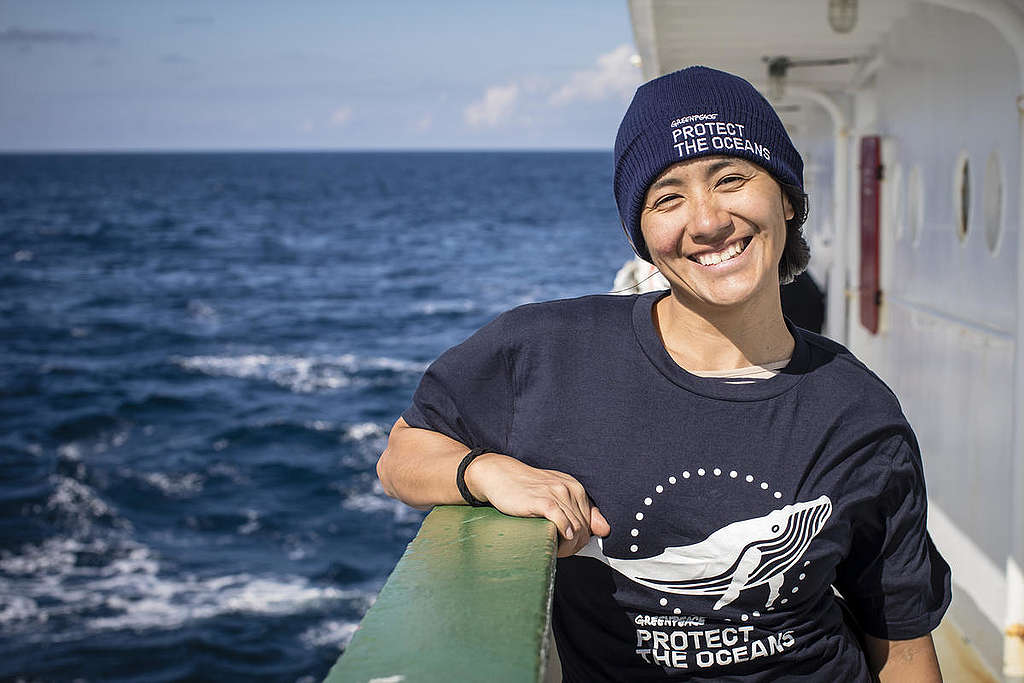 Samantha Rodriguez on MY Esperanza in North Atlantic. © Kajsa Sjölander / Greenpeace
