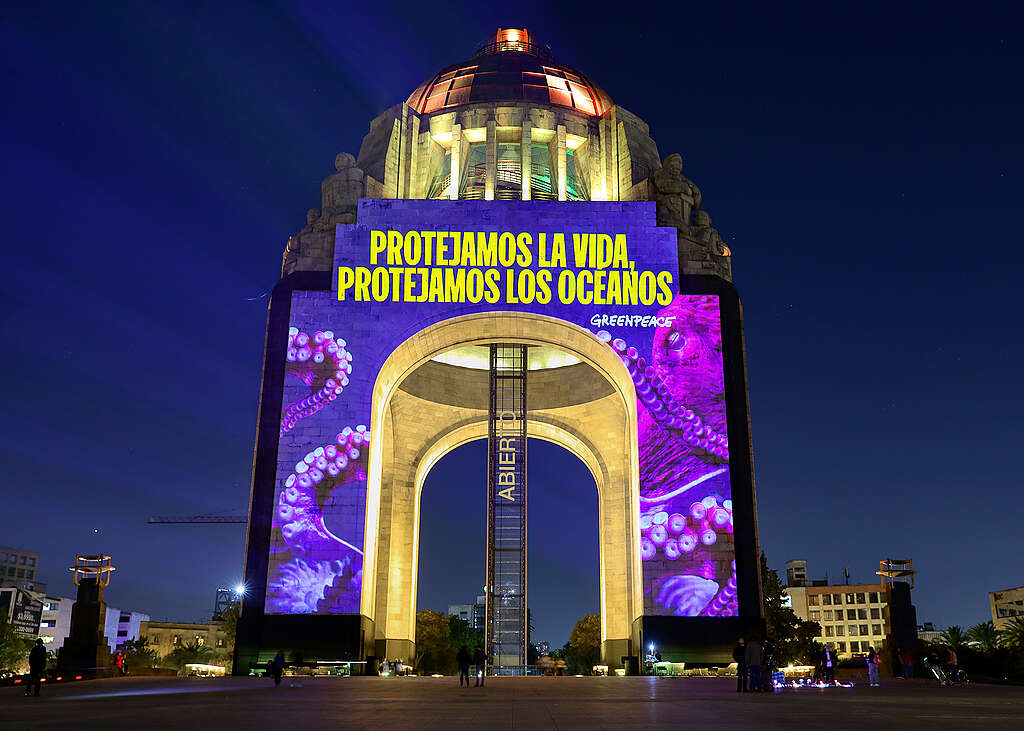 Monumento a la Revolución con proyección de océanos con el mensaje protejamos la vida en los océanos.