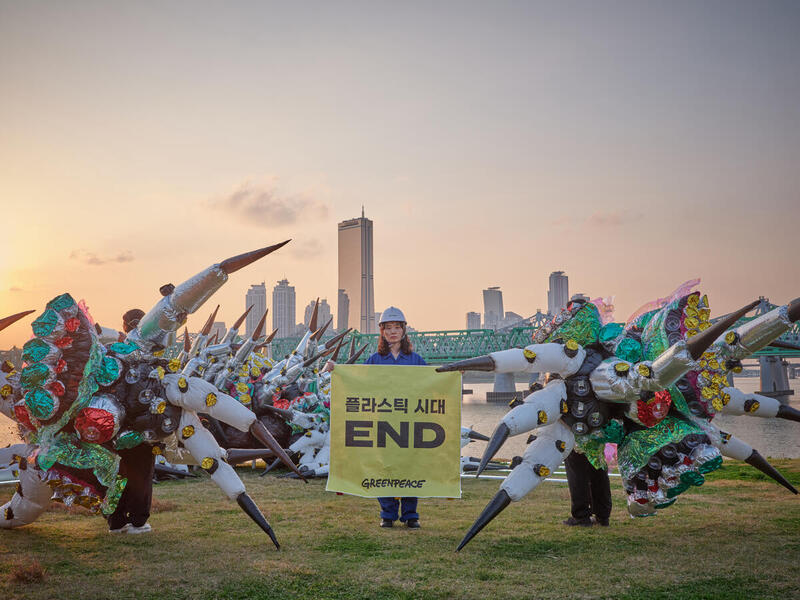 Monstruo gigante de plástico en el parque del río Han de Seúl - Greenpeace Seúl instala una escultura de un monstruo gigante de plástico (8mx2m) junto con el artista Byungchan Lee en el parque del río Han de Seúl.