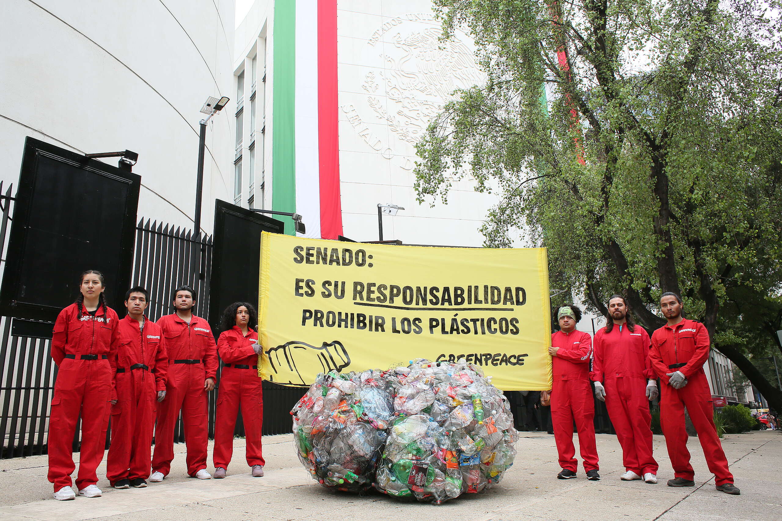 Activistas de Greenpeace México se manifestaron a las afueras del Senado de la República con una red llena de desechos plásticos y la leyenda “Senado: es su responsabilidad prohibir los plásticos”, luego de que un tribunal ordenó al Congreso legislar para prohibir los plásticos de un solo uso.