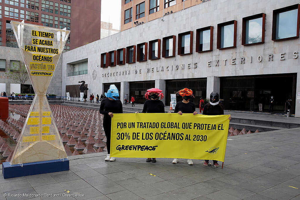 Voluntarias de Greenpeace sosteniendo una manta a las afueras de la Secretaría de Relaciones Exteriores que dice Por un Tratado Global que proteja el 30% de los océanos al 2030. Voluntarias de Greenpeace sosteniendo una manta a las afueras de la Secretaría de Relaciones Exteriores que dice Por un Tratado Global que proteja el 30% de los océanos al 2030.