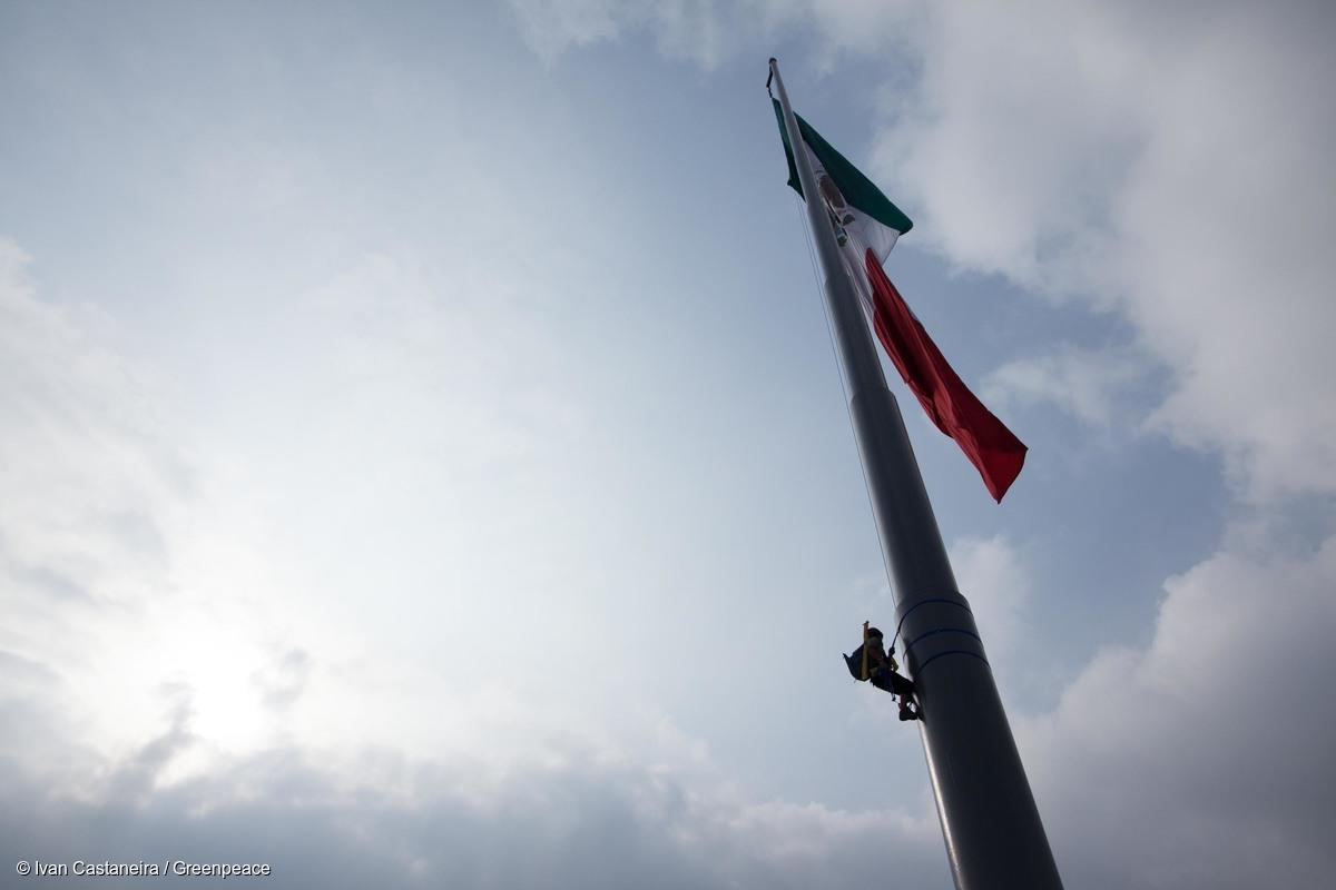 Dos activistas de Greenpeace suben al asta bandera en el Zócalo, en la Ciudad de México, para exigir al presidente Enrique Peña Nieto que proteja el maíz.