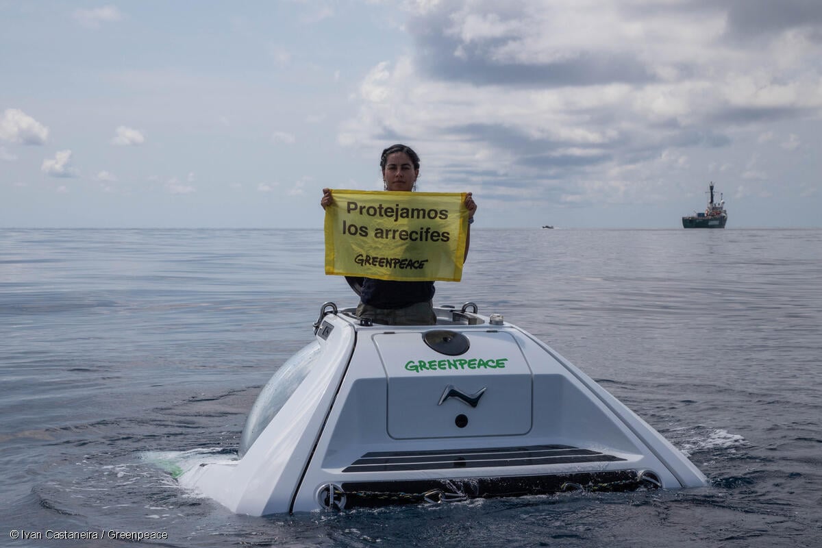 Activista de Greenpeace México, sostiene una pancarta sentada en el sumergible Nemo, utilizado para la investigación científica en los arrecifes de coral de Veracruz. El mensaje: Protejamos los arrecifes.