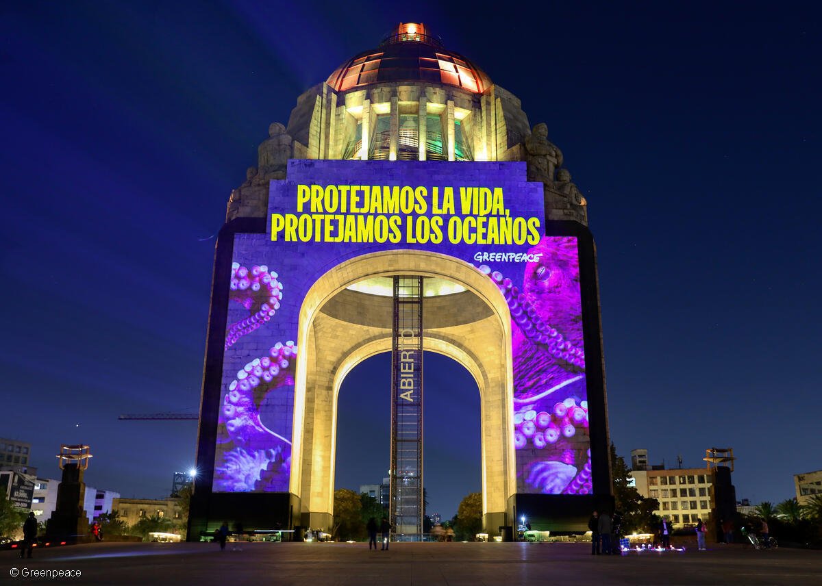 Fotografía del monumento a la revolución con una proyección que dice "Protejamos nuestros océanos"