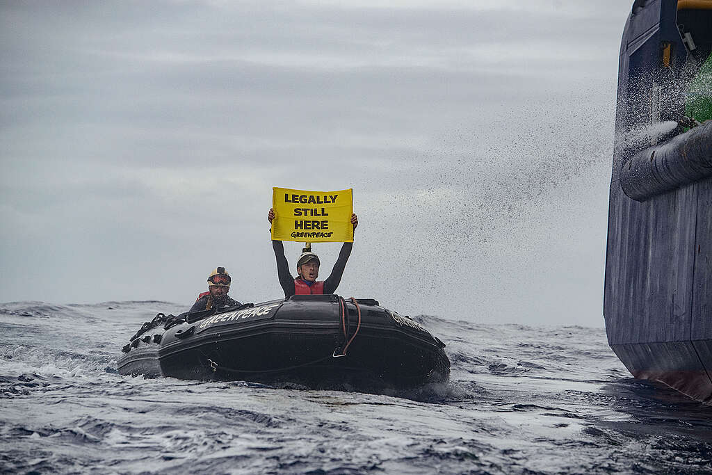 Activistas de Greenpeace de todo el mundo protestan en kayaks alrededor del buque perforador MV COCO, sosteniendo un cartel que dice “Legally still here”, destacando que su acción es legítima y pacífica.