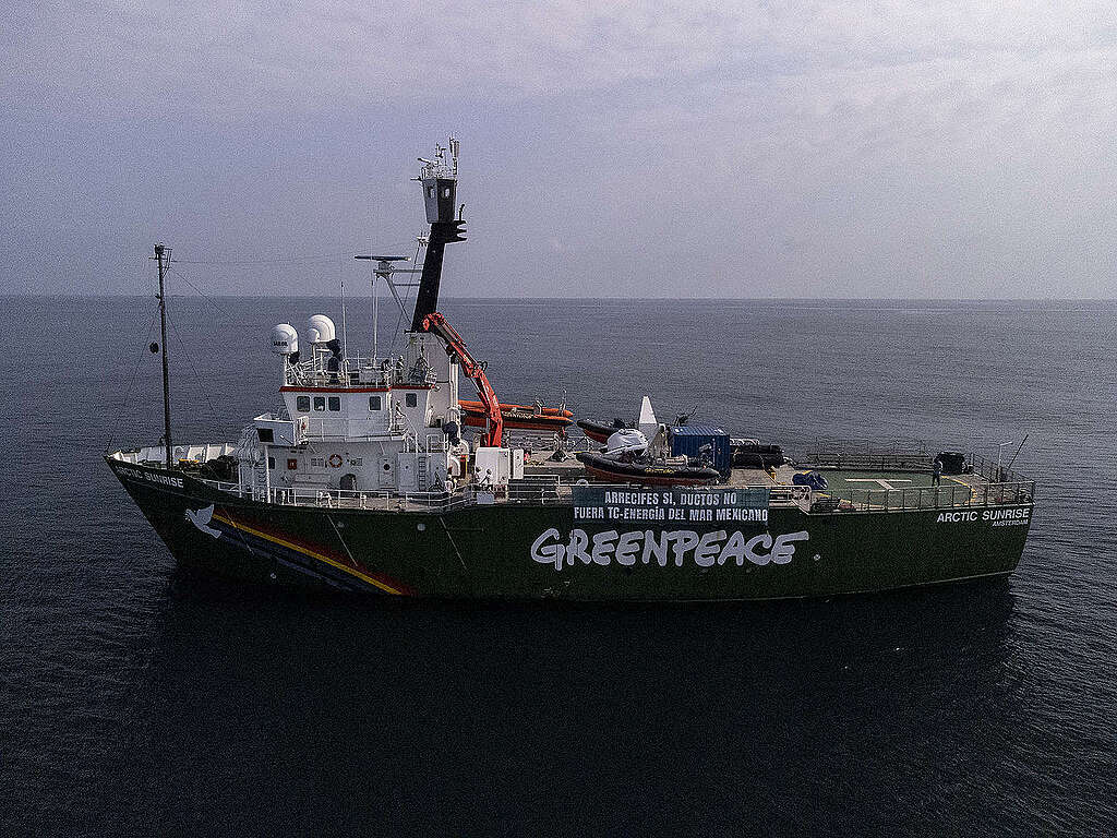 Fotografía panorámica del Arctic Sunrise en Veracruz con una manta que dice "Arrecifes sí, ductos no. Fuera TC Energía del mar mexicano".