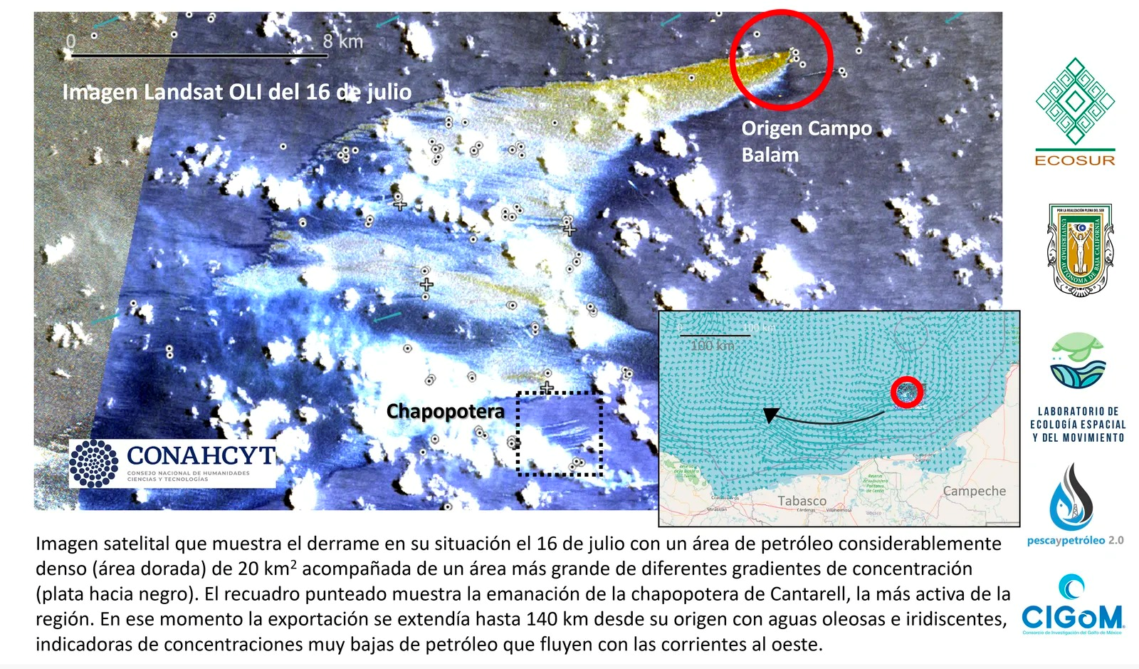 Imagen satelital que muestra el derrame de petróleo causado por PEMEX en el Golfo de México.