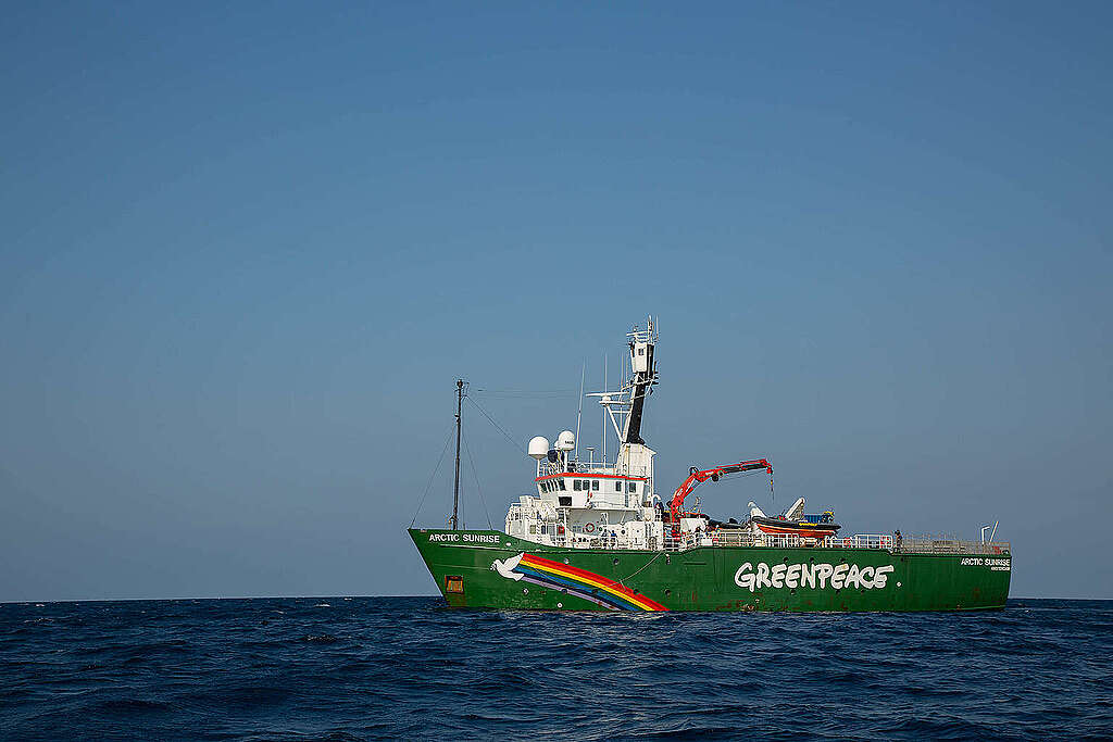 Fotografía panorámica del Arctic Sunrise en Veracruz durante la investigación de arrecifes de coral.