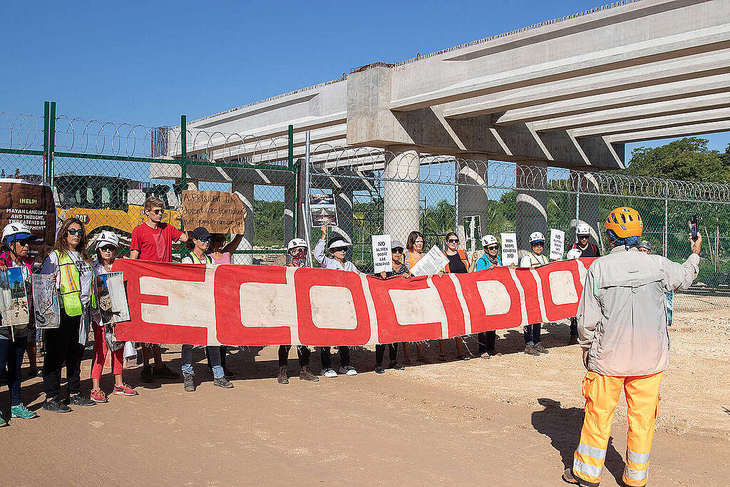 Activistas protestan contra el Tren Maya con una manta que dice "ecocidio". Activistas protestan contra el Tren Maya con una manta que dice "ecocidio".