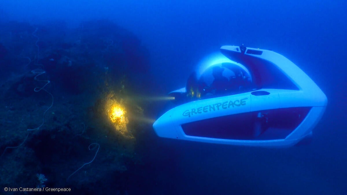 Fotografía submarina del sumergible de Greenpeace documentando los arrecifes de coral en Veracruz, México.