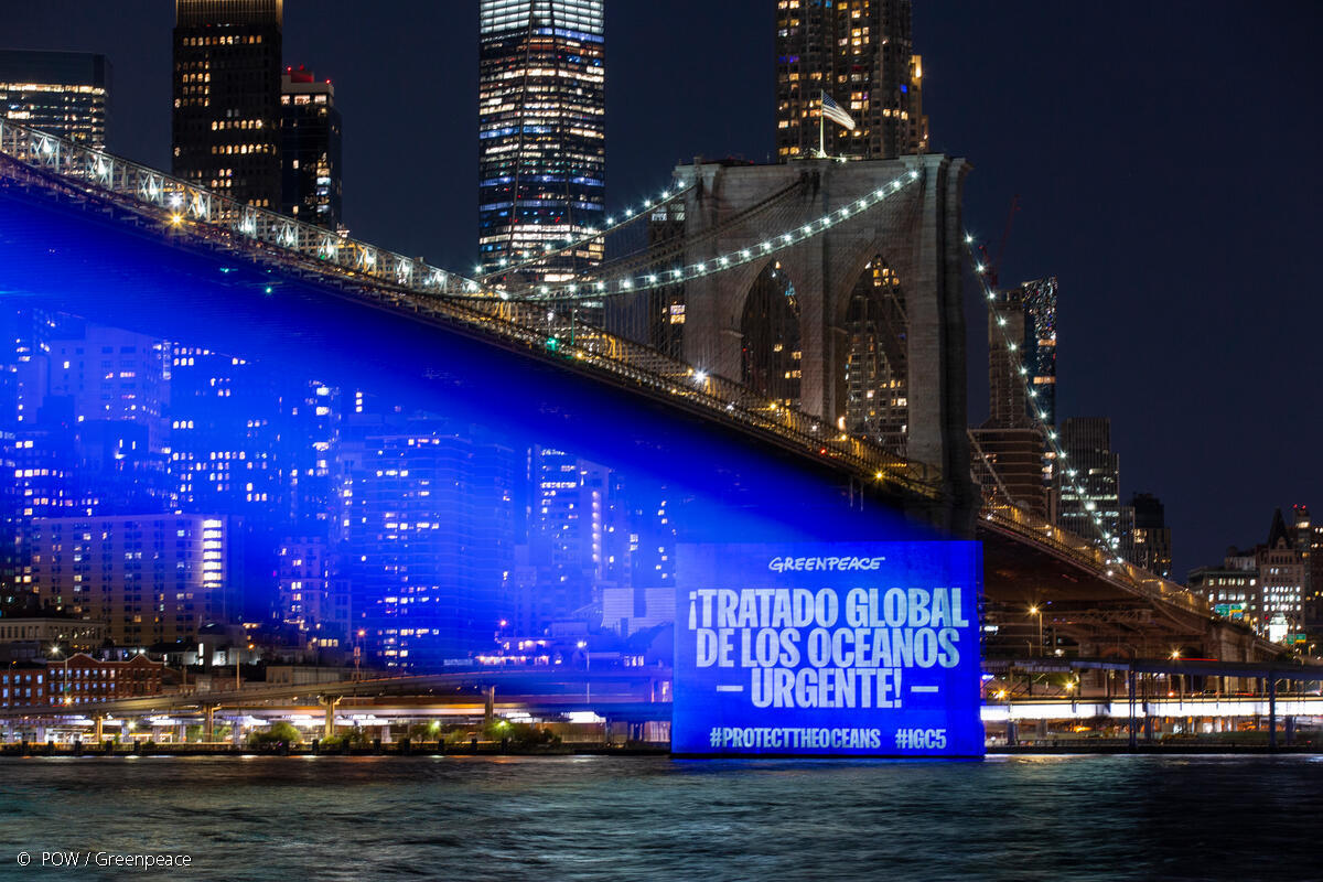 Proyección de un mensaje que dice "¡Tratado Global de los Océanos urgente!" en el puente de Brooklyn.