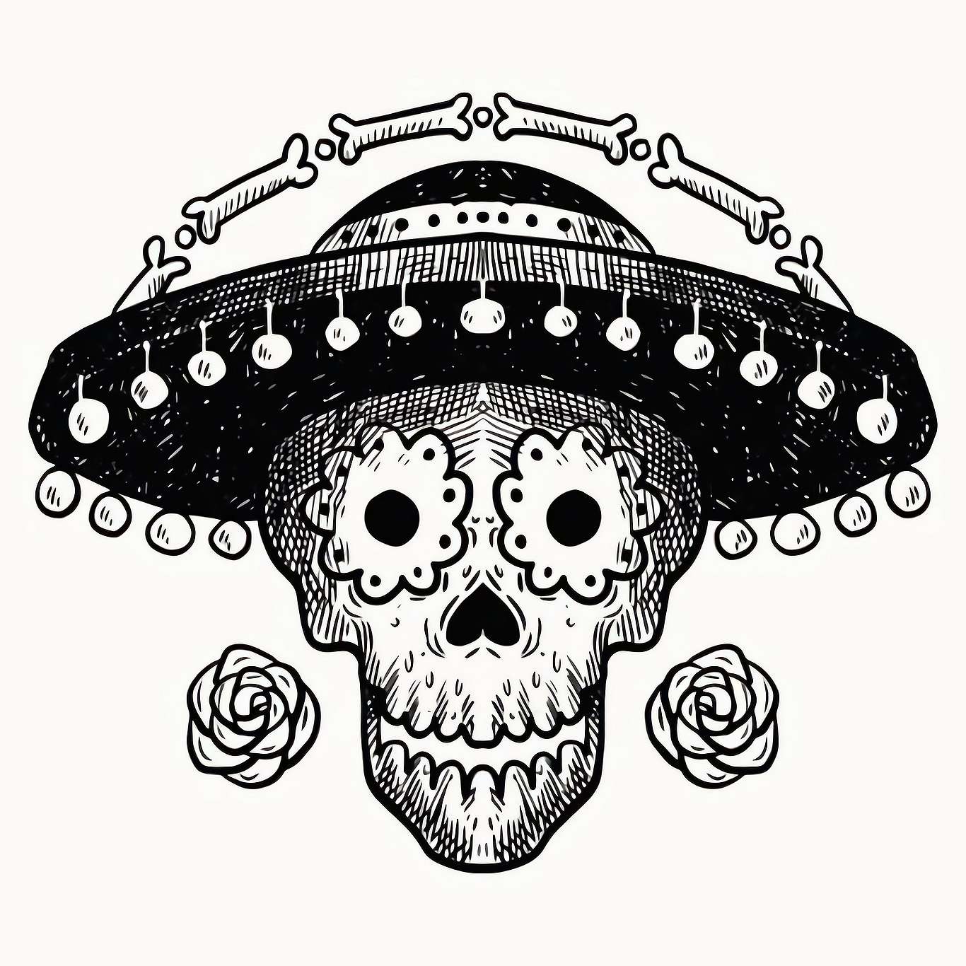 Ilustración en blanco y negro de una catrina.