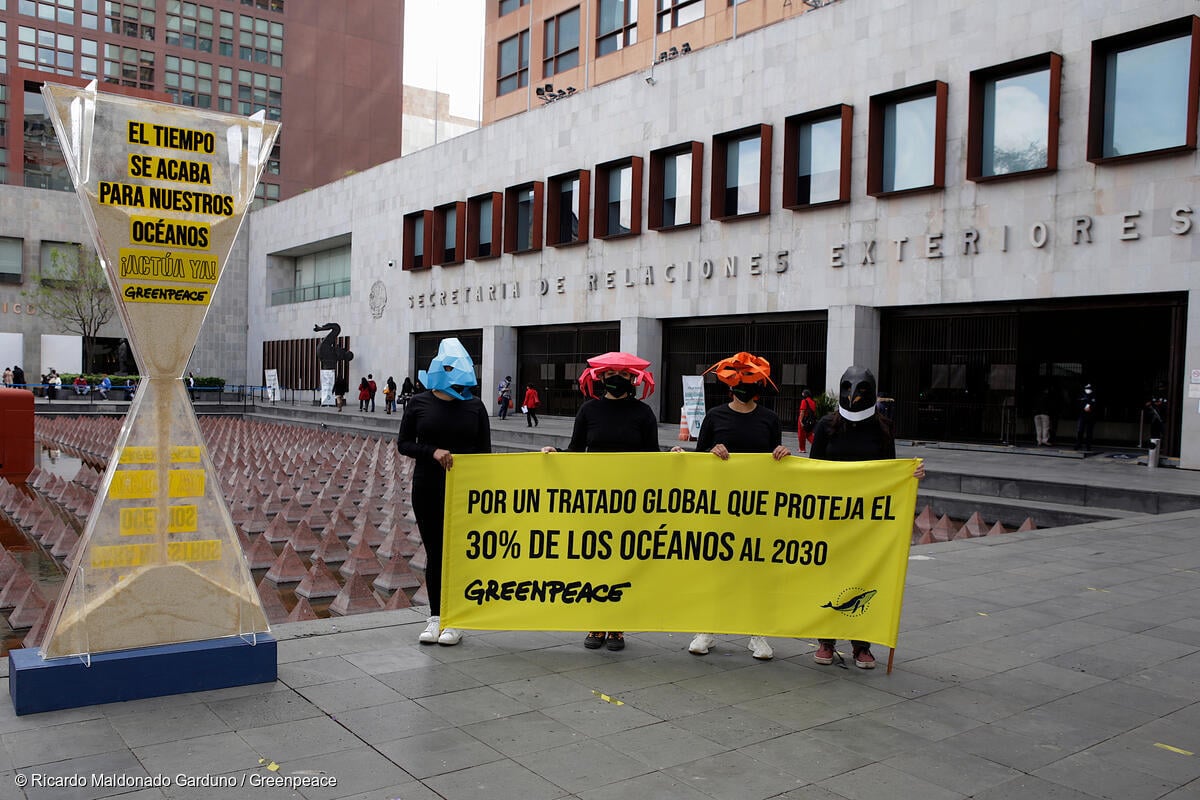 Voluntarios y activistas de Greenpeace entregan la parte mexicana de la petición "Protege los Océanos" en la Sede de la Secretaría de Relaciones Exteriores (SRE), sostienen una manta en la que se lee "Por un Tratado Global que proteja el 30% de los océanos al 2030".