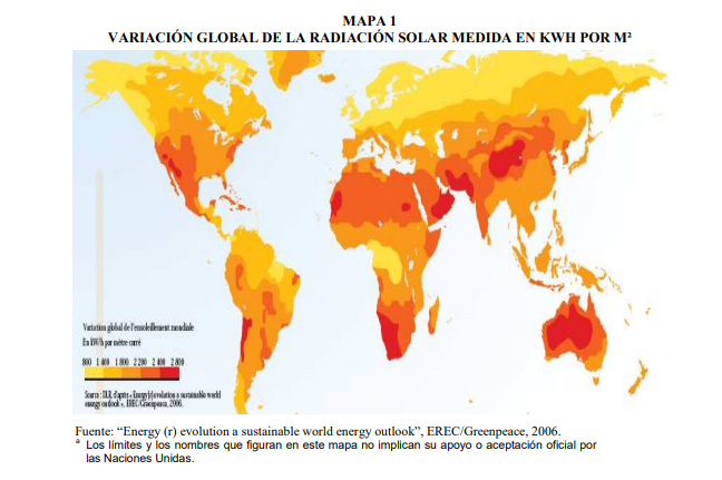 Mapa que muestra los diferentes niveles de radiación solar alrededor del mundo.