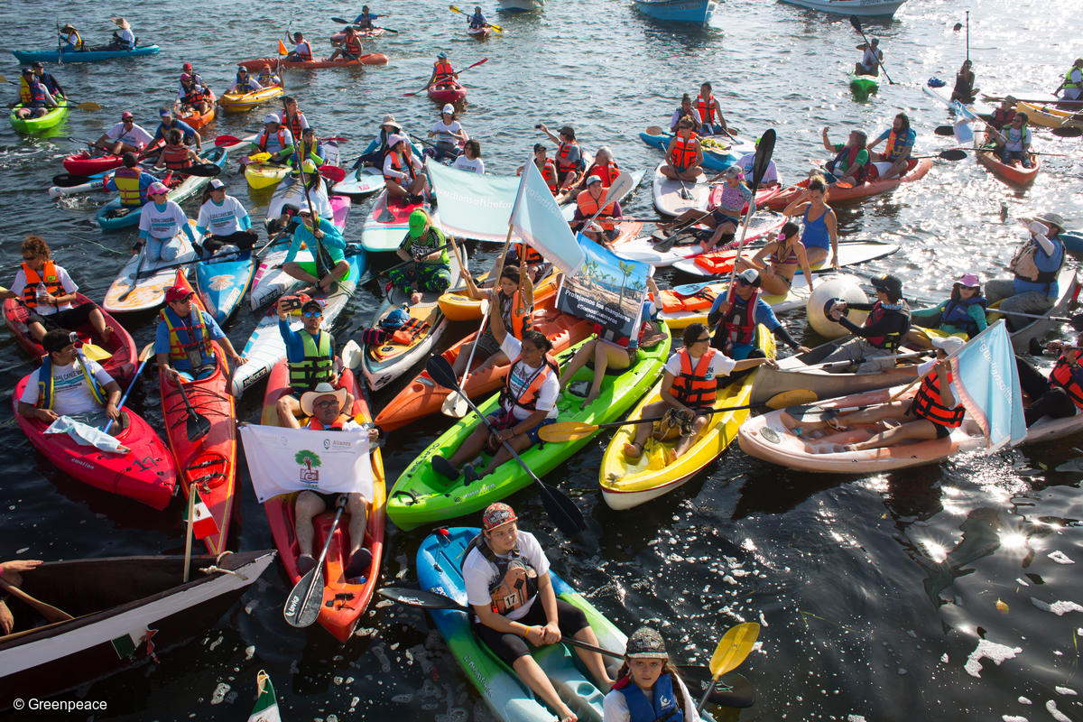 Fotografía de activistas en lanchas y kayaks con banderas y mensajes “Pueblo por la biodiversidad”