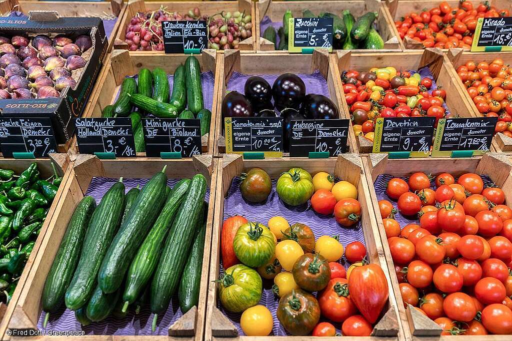 Diversos tipos de verduras orgánicas en un puesto de una granja local.