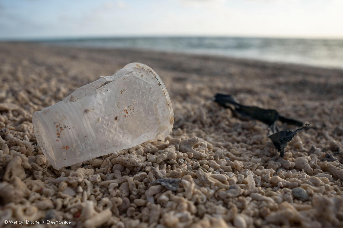 Un vaso de plástico desechado en la playa.