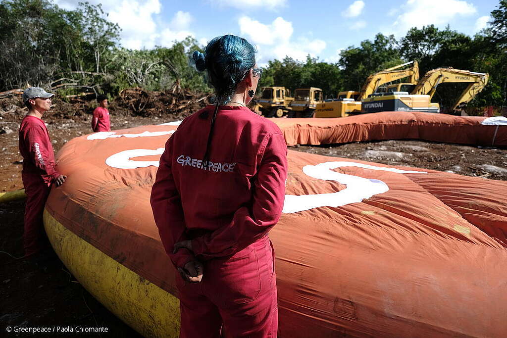 Fotografía de activista de Greenpeace México de espaldas frente a un salvavidas gigante en acción contra el Tren Mata.