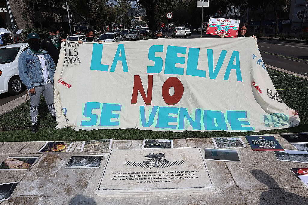 Activistas sostienen una manta en la que se lee "La selva NO se vende"