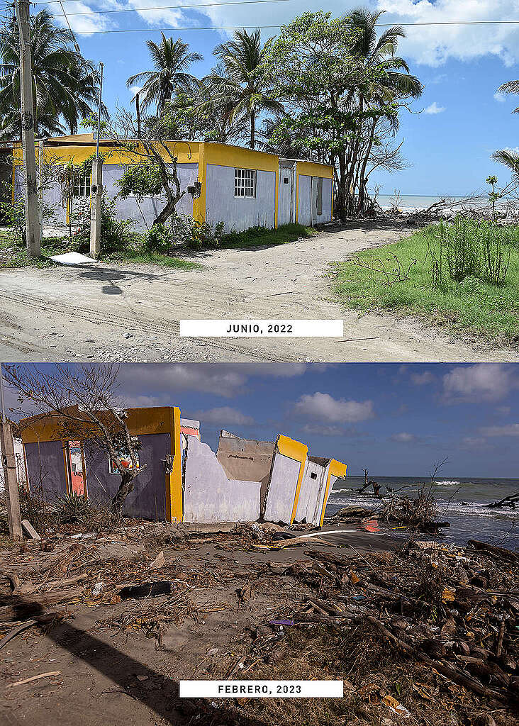 Fotografía que muestra una comparativa del antes (2022) y después (2023) de otra perspectiva de las afectaciones a la comunidad El Bosque, Tabasco.