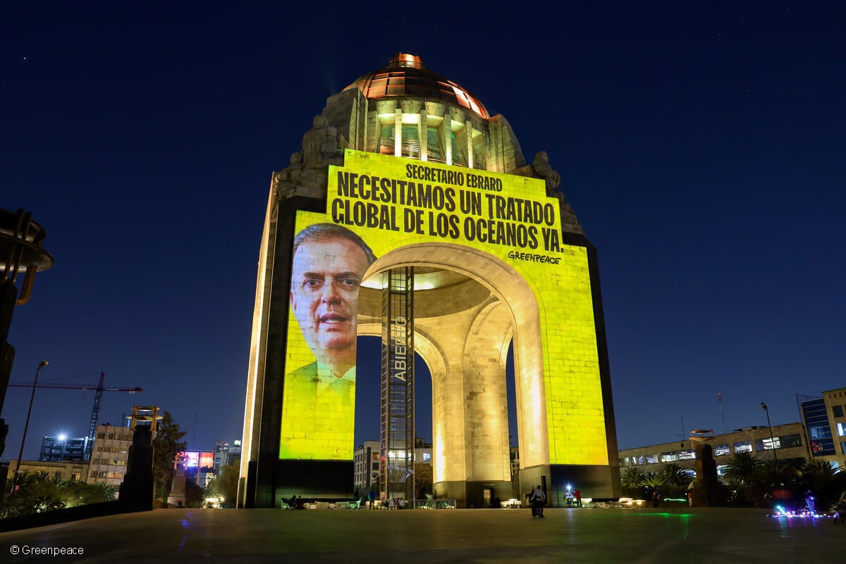 Proyección en el Monumento a la Revolución dirigida a Marcelo Ebrad, en la que se lee "Necesitamos un Tratado Global de Océanos YA".