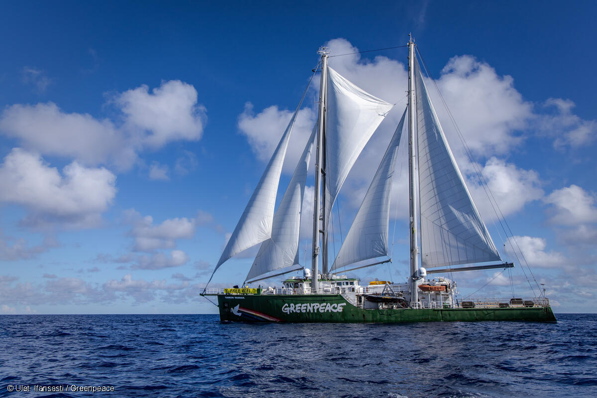 Fotografía panorámica del Rainbow Warrior en el Océano Pacífico Norte Fotografía panorámica del Rainbow Warrior en el Océano Pacífico Norte