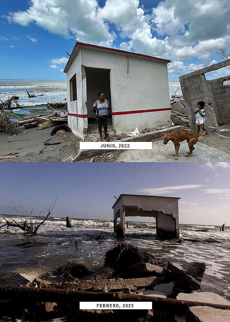 Fotografía que muestra una comparativa del antes (2022) y después (2023) de las afectaciones a la comunidad El Bosque, Tabasco.