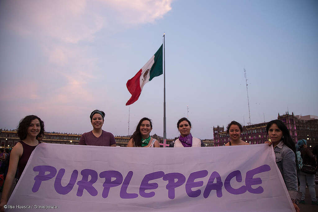 Mujeres del staff de Greenpeace México en la Marcha del Día Internacional de la Mujer, sostiene una manta con el nombre "Purplepeace".
