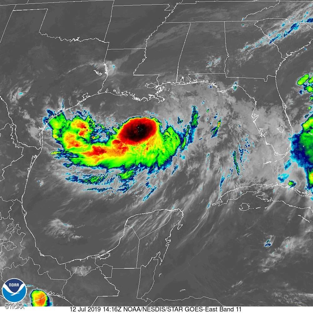 Imagen satelital de la tormenta tropical Barry en el Golfo de México.